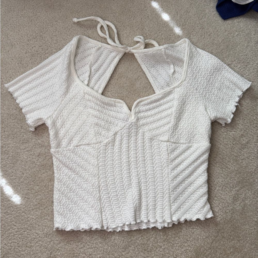 Women’s Textured/Ribbed Partial Open Back Crop Blouse Sz M
